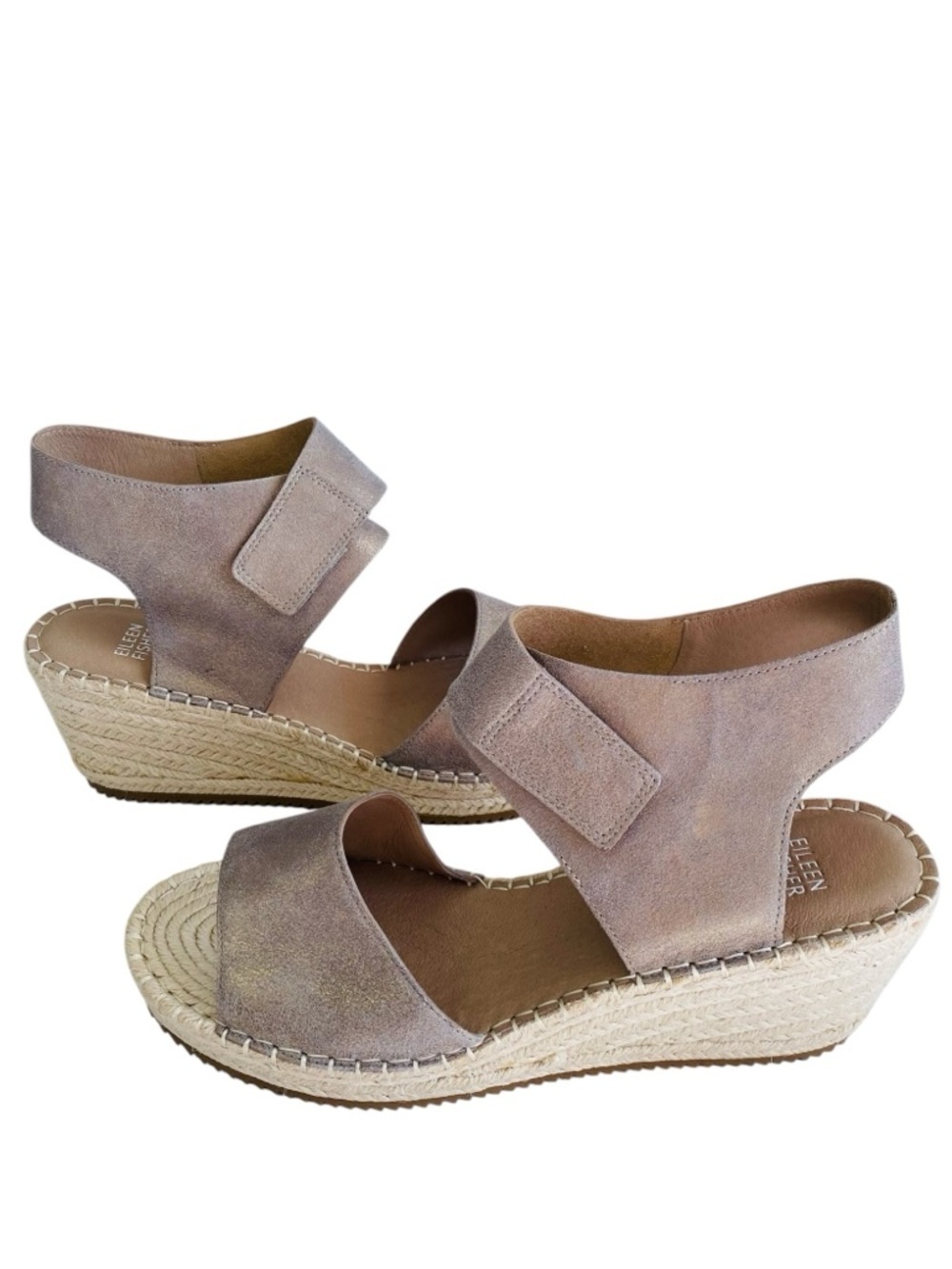 Eileen Fisher Weslia Metallic Leather Wedge Espadrille Sandals Size 10